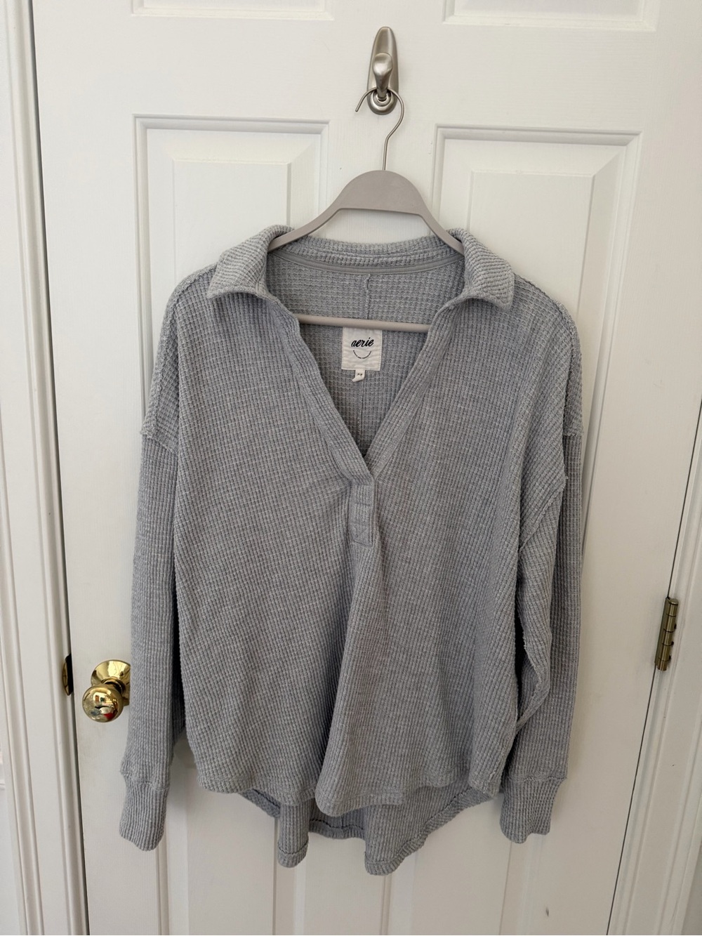 aerie Gray Waffle-Knit V-Neck Pullover